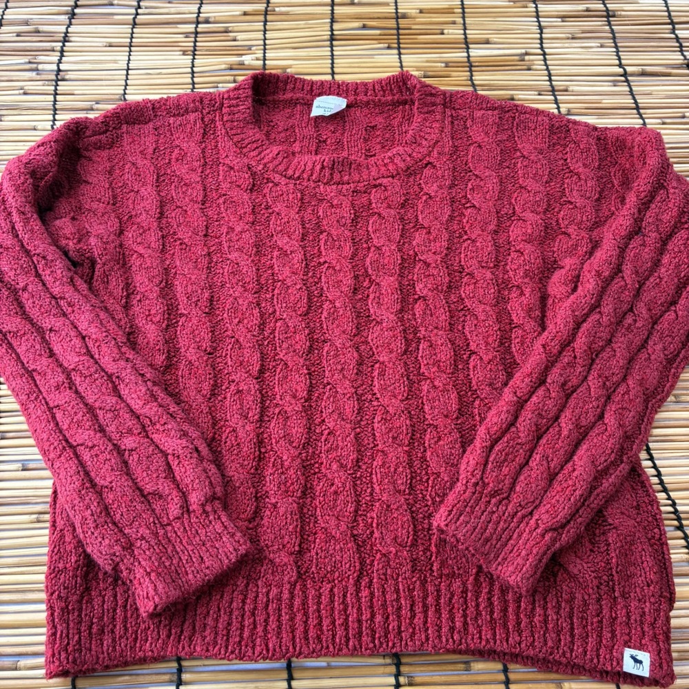 Abercrombie Kids Red Cable Knit Sweater Chenille Cotton Blend Size 15/16 XL